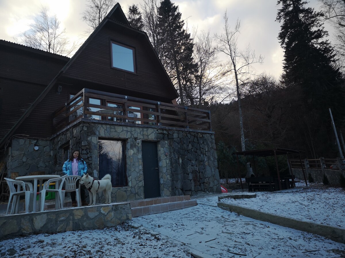 The exterior of a two-story chalet features a stone and wooden façade with a large balcony. A set of white outdoor chairs and a table is positioned on the terrace. A snowy pathway leads to the entrance, surrounded by trees and a grassy area.