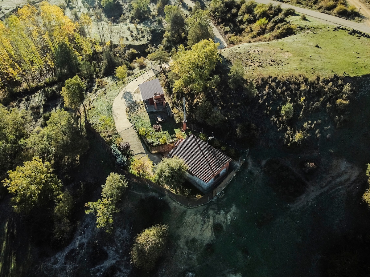 An aerial view showcases a spacious property surrounded by greenery, featuring a curved driveway leading to a single-story building. Trees and shrubbery create a natural barrier, while nearby hills enhance the serene rural setting.