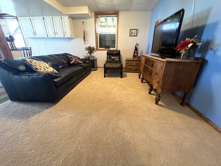 Comfortable furniture and smart TV for your relating evenings. Remember you can also enjoy a riding lesson right out your backdoor. 