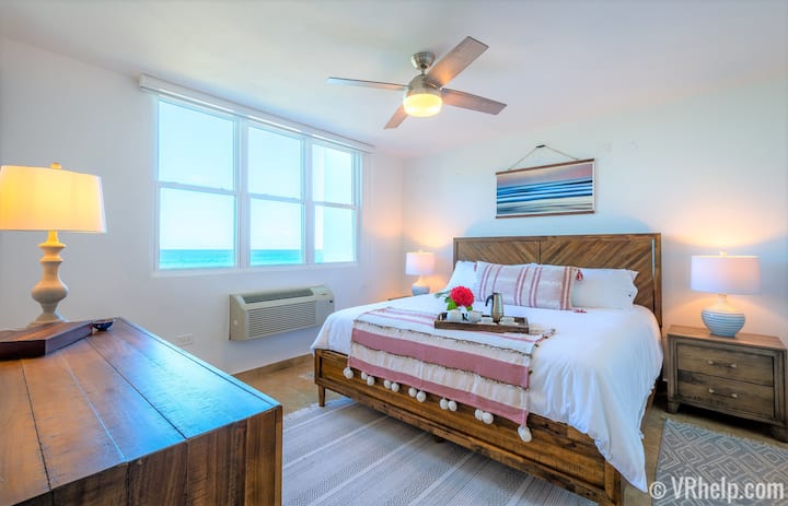 Unit Overview #2: the master bedroom, with king bed, en suite bath, and endless ocean views.