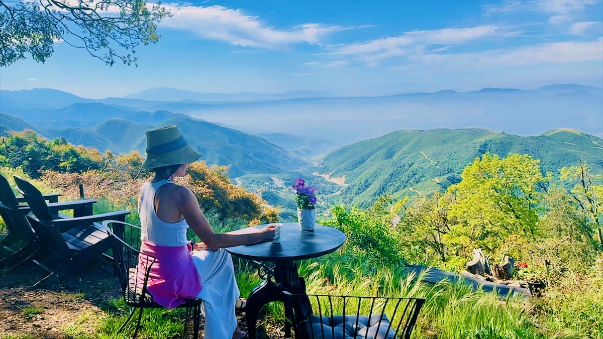 A person sits at a table with a small vase of flowers, enjoying a scenic view of rolling green mountains and a clear blue sky. The lush landscape extends into the distance, with varying shades of green and hills melting into the horizon.