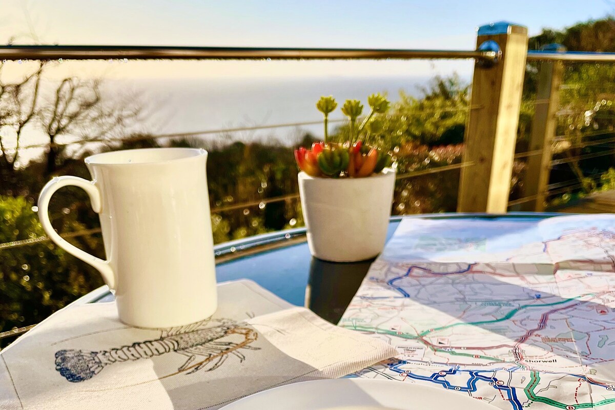 A white pitcher and a small potted plant with succulents are placed on a glossy table. A map detailing local trails lies open beside them, indicating the scenic surroundings. The backdrop features a view of the sea and greenery, illuminated by sunlight.