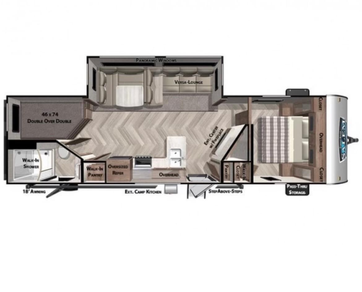 An overview layout of a cozy camper is shown, featuring a well-arranged galley kitchen with an oversized refrigerator and pantry. The living space includes a versatile lounge area and a queen bed in the rear, designed for comfort and ease of movement.