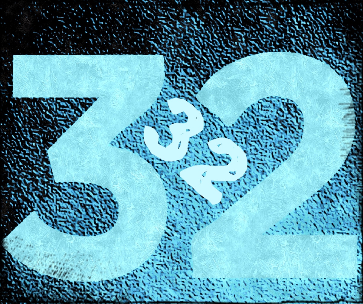 A close-up view of an artistic number display featuring the numbers '3', '2', and '2' in an abstract style. The numbers are presented in a pastel blue hue against a textured background, emphasizing their unique design.