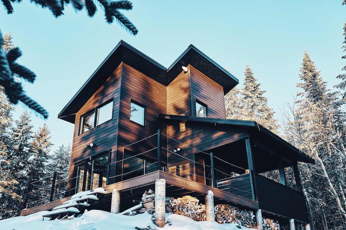 The chalet is depicted in a snowy landscape, presenting a modern design with dark wood siding and large windows. A covered porch is visible, supported by sturdy poles, while neatly stacked firewood is situated at the base, surrounded by tall pine trees.