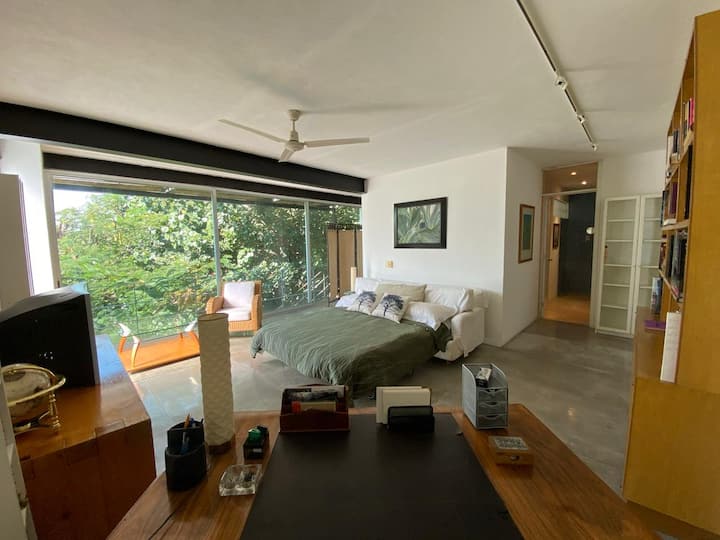 Estudio con sofá cama QS y area de trabajo 