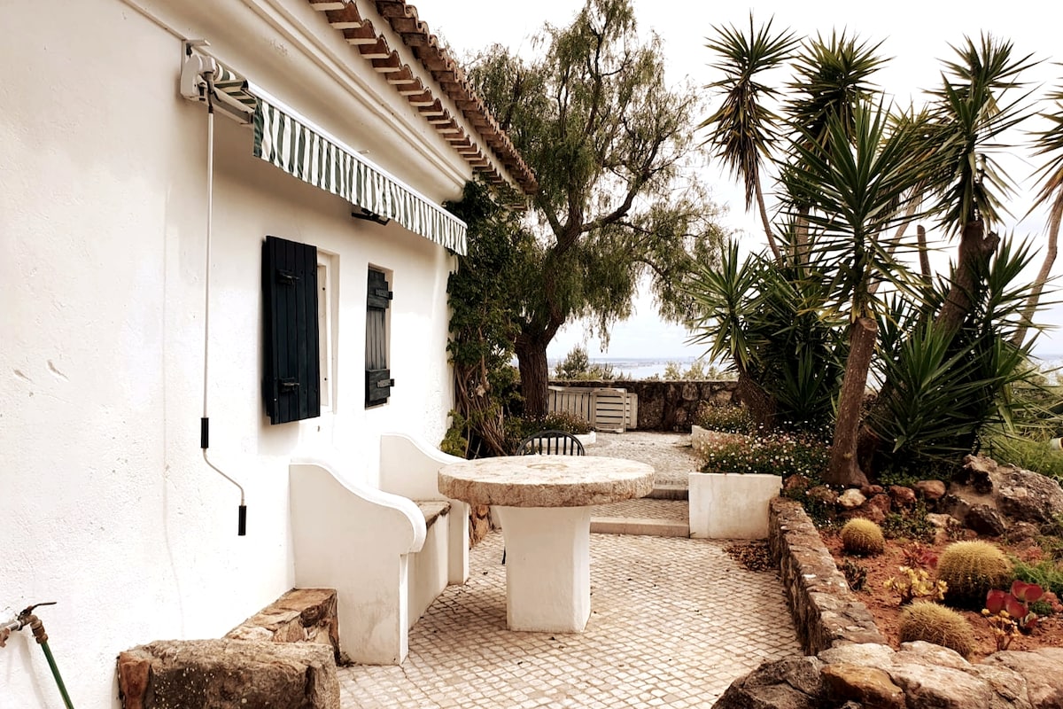 A stone round table is positioned on a cobbled patio, surrounded by low, lush greenery. The exterior walls of the building are whitewashed, complemented by dark green window shutters. A striped sunshade is extended over the seating area, offering comfort in the outdoor space.