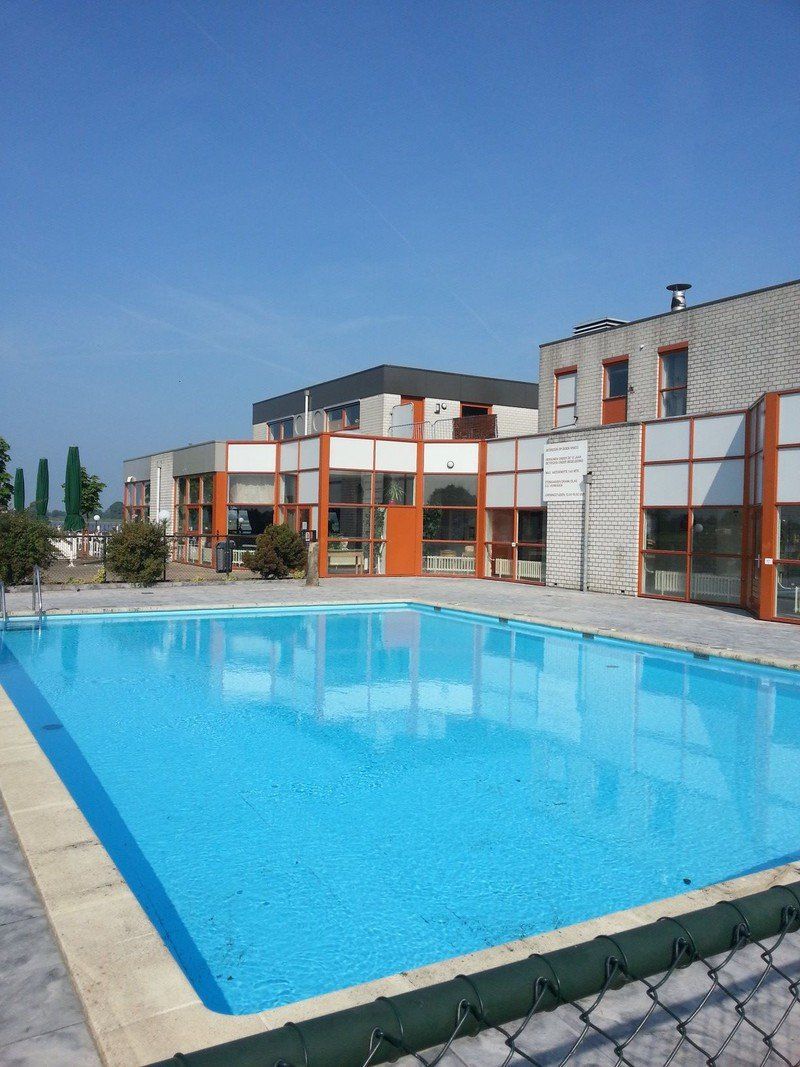 A clear blue swimming pool is bordered by a paved deck and surrounded by palm trees and shrubs. The pool area is complemented by buildings featuring a blend of glass and stone facades, with large windows and vibrant orange accents reflecting the sunny sky.