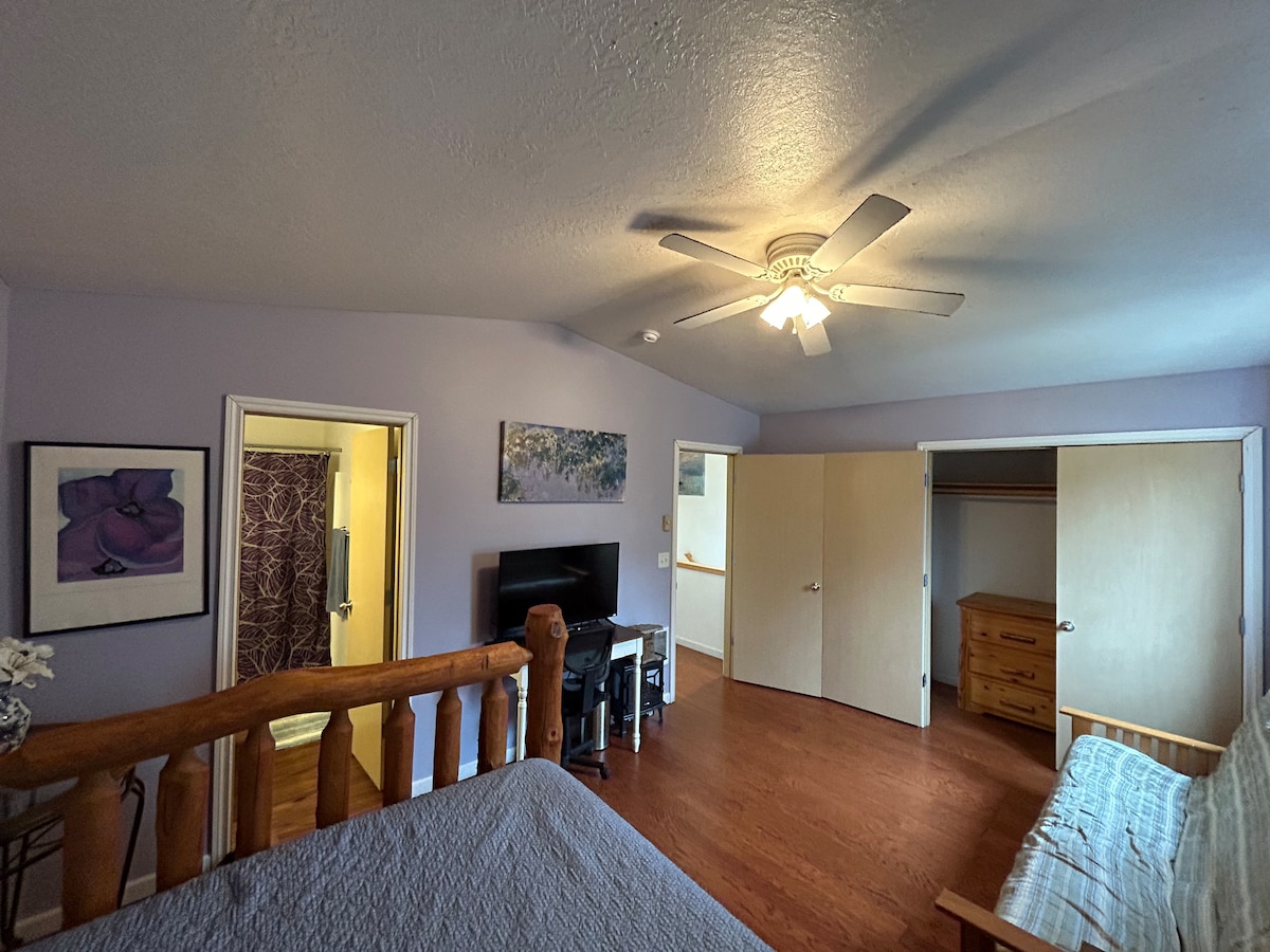Master bedroom and bath and log dressser.