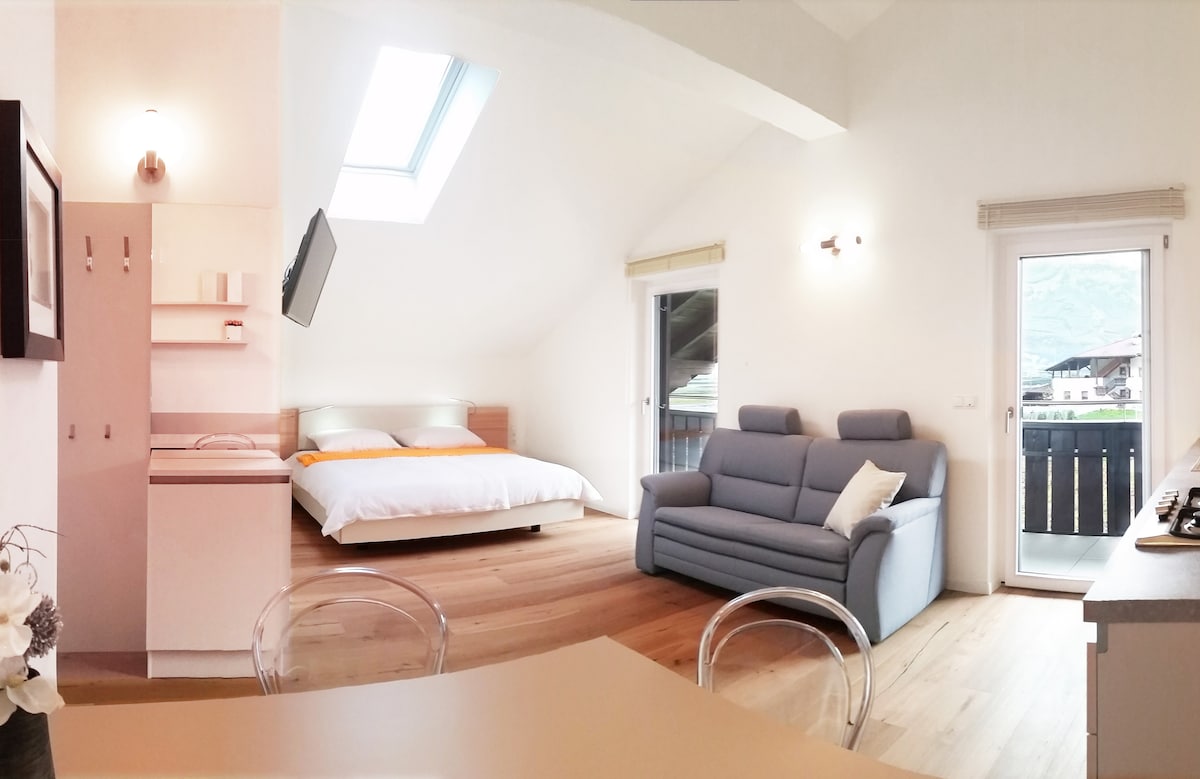An open and well-lit studio space is shown, featuring a spacious bed with orange accents and a comfortable sofa. Large windows allow natural light to fill the room, enhancing the connection to the outdoor views. A small kitchen area and dining setup are visible as well.