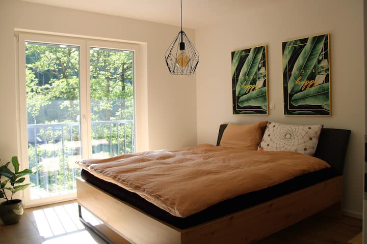 Bedroom 1 with double bed (1.80 x 2 m), morning sun, view of the countryside