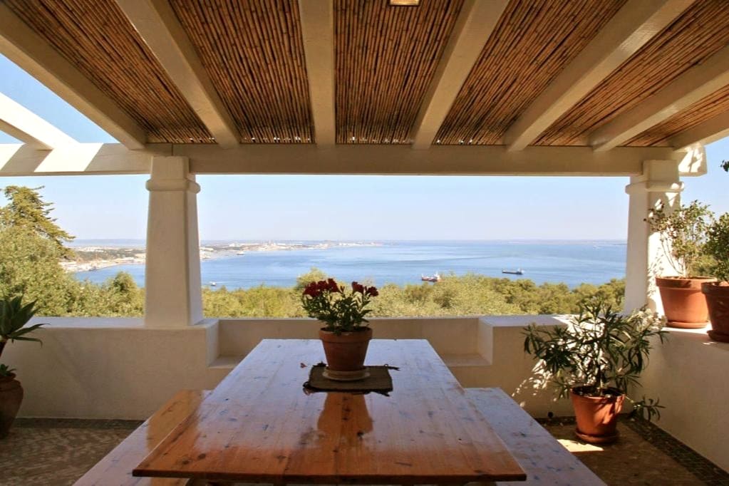 A spacious terrace reveals panoramic views of the Atlantic Ocean and the Tróia peninsula. A wooden table is centered beneath a bamboo awning, with potted plants adding a touch of greenery. Seaside vistas create a serene atmosphere for relaxation.