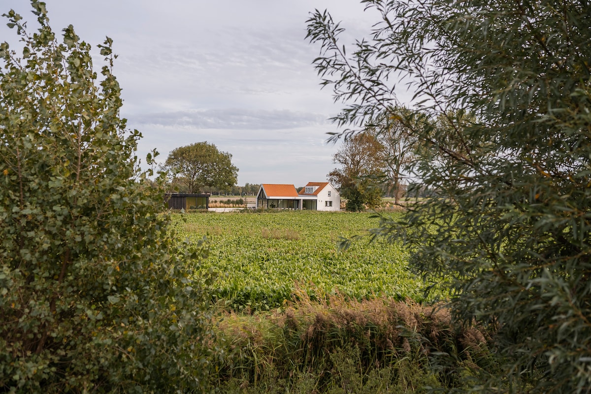 A tranquil scene captures a modern vacation house set amidst lush greenery and open fields. The structure features a distinctive orange roof and large windows, providing a seamless connection to the natural surroundings. Tall trees and shrubs frame the view, enhancing the rural atmosphere.