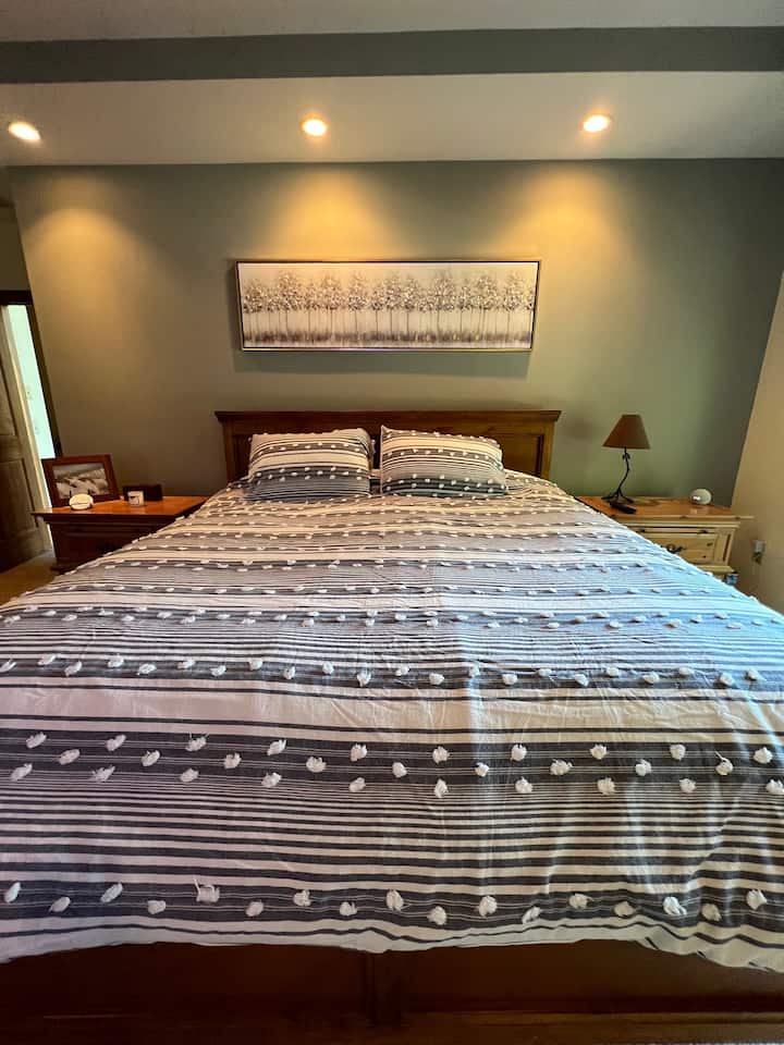 BR ya msingi ya ghorofa kuu iliyo na kitanda cha King. Ukumbi wa kutembea juu ya kutazama ziwa.   Bafu la kifahari lenye sinki mbili, bafu, beseni la bustani na kuingia kwenye kabati  