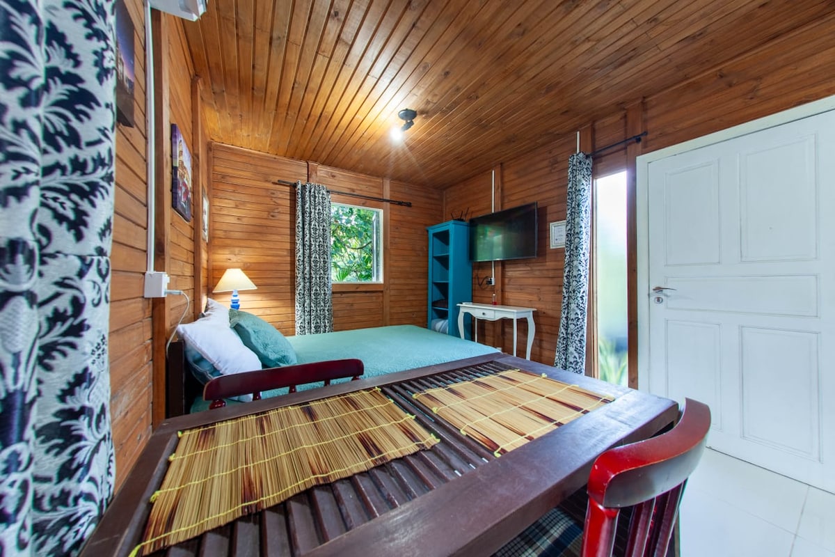 An inviting studio space features wooden walls and a spacious bed with soft bedding. A small dining table with woven placemats is visible, along with a TV mounted on the wall. Natural light enters through the window, complemented by patterned curtains.
