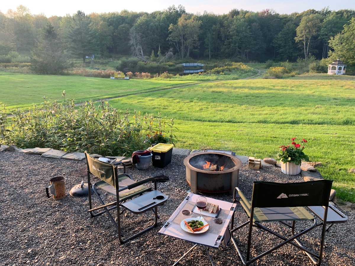 A serene outdoor area features two folding chairs positioned around a central fire ring. A small table displays a meal with a scenic view of lush green fields and distant trees, complemented by a pond and gazebo in the background.
