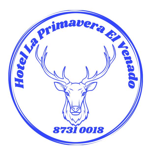 The logo features a minimalistic design of a deer’s head with prominent antlers, enclosed in a circular blue border. The text 'Hotel La Primavera El Venado' and a phone number are displayed in bold, creating a distinctive brand identity.
