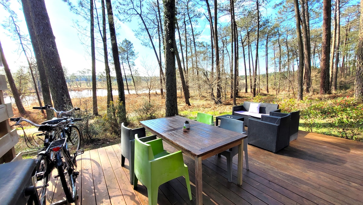 A wooden terrace is set amidst tall trees, offering a peaceful view of the surrounding nature and a distant lake. It features a large wooden table surrounded by colorful chairs and a cozy seating area with dark furniture. Two bicycles are parked nearby.