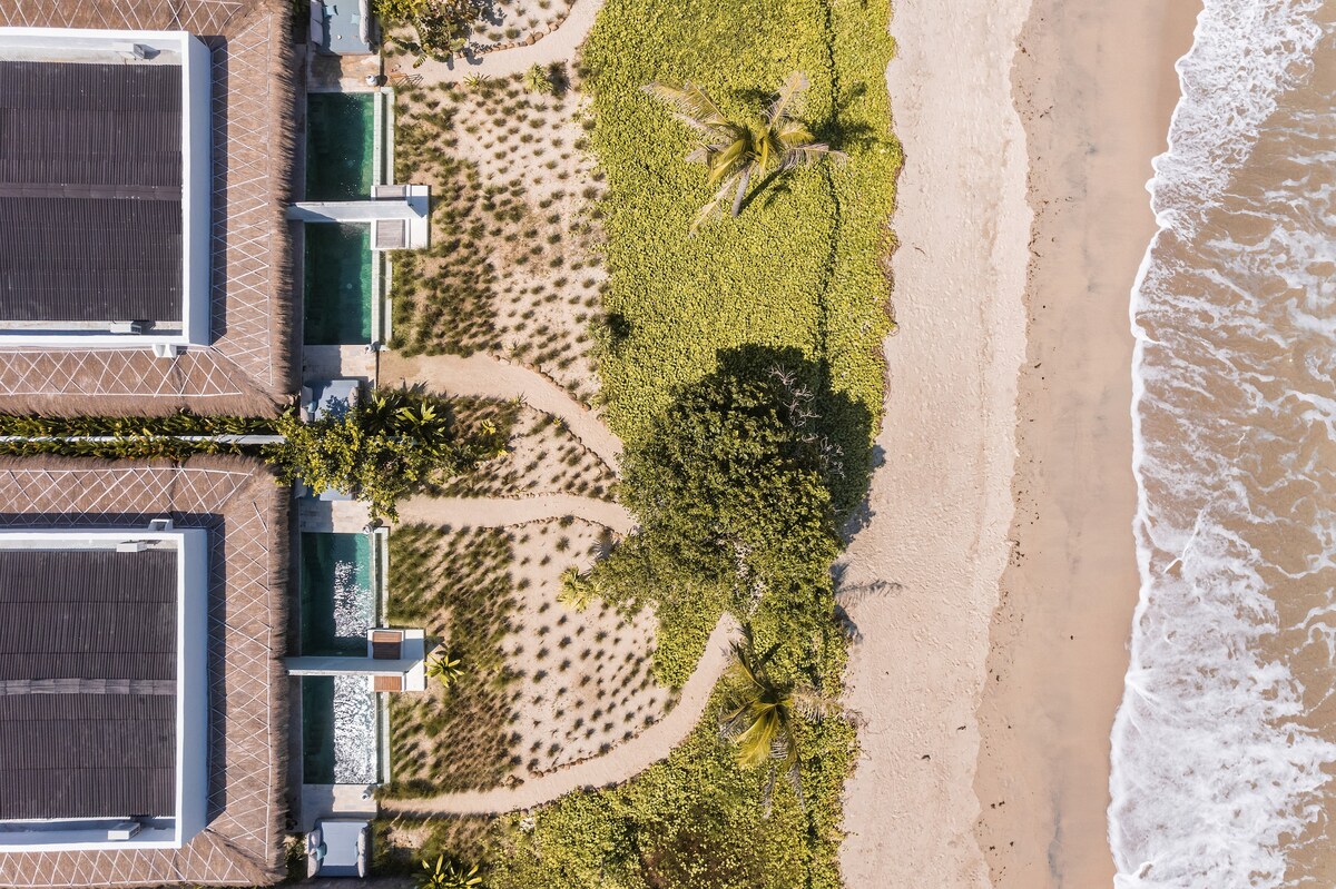 An aerial view captures the resort's layout, with well-maintained walkways winding through lush greenery leading to the sandy beach. The tranquil shoreline meets gentle waves, bordered by palm trees that enhance the coastal atmosphere.