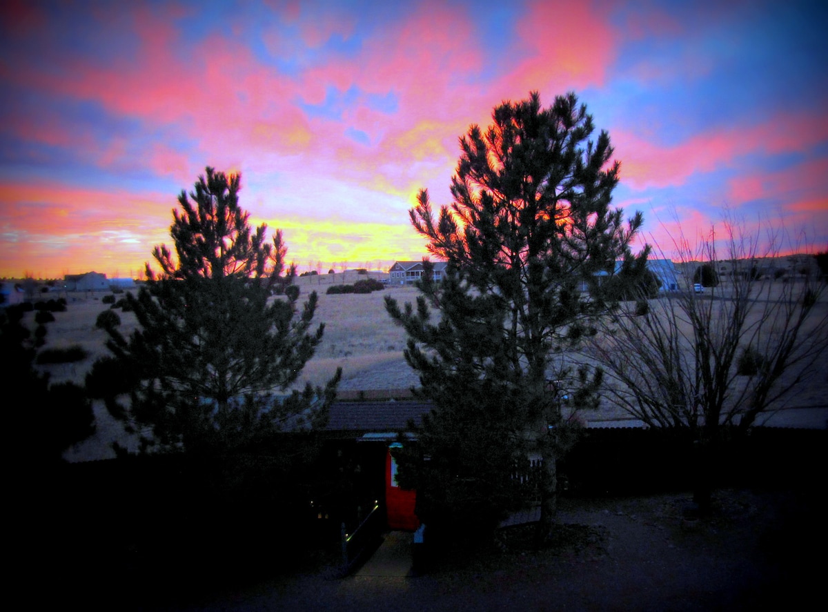 A vibrant sunset bathes the landscape in hues of pink and orange, framed by the silhouettes of tall pine trees. The expansive sky is dotted with soft clouds, creating a serene backdrop for the rural setting.