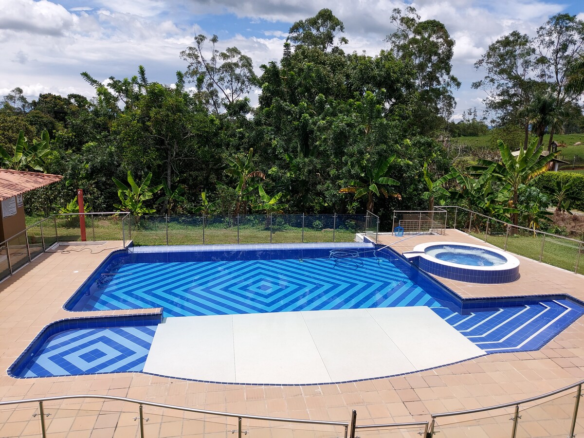 An outdoor pool area features a large swimming pool with a geometric pattern in shades of blue. Adjacent to the pool, a circular jacuzzi is visible. Lush greenery surrounds the space, enhancing the natural setting.