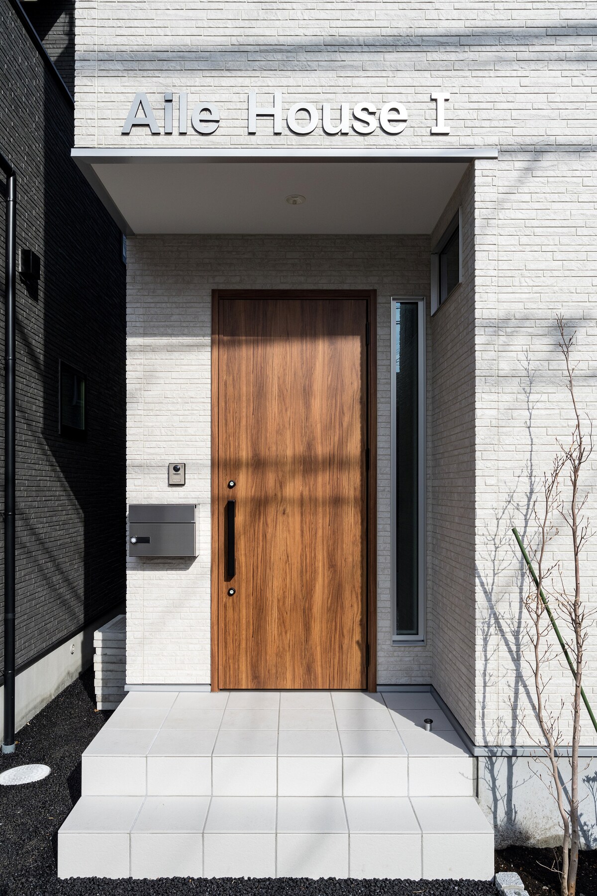 The entrance of the house features a solid wooden door, framed by contemporary white brick walls. A small set of white tiles leads up to the door, with a mailbox positioned to the side. Simple landscaping includes a young tree placed nearby.