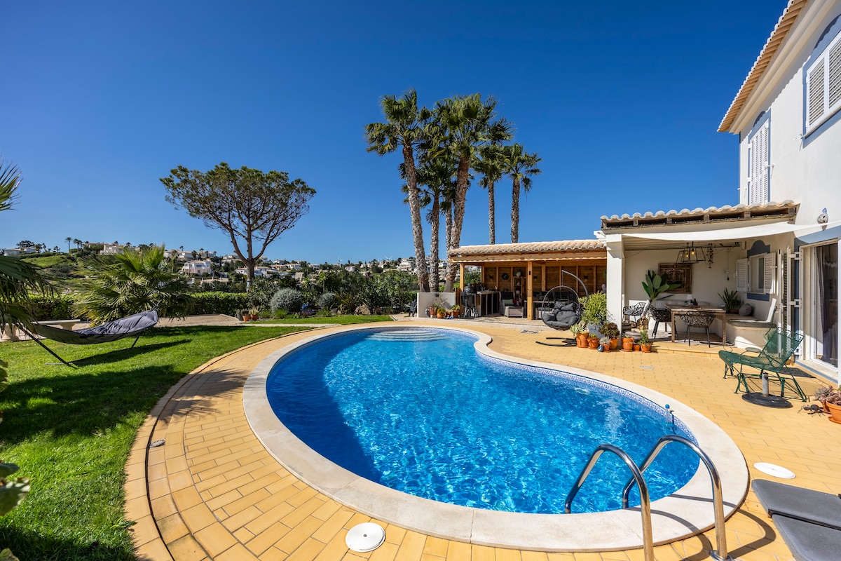 The outdoor area features a spacious pool surrounded by a tiled patio, complemented by palm trees and lush greenery. A covered lounging space offers seating, while a hammock adds to the relaxed atmosphere. Bright blue skies enhance the inviting surroundings.