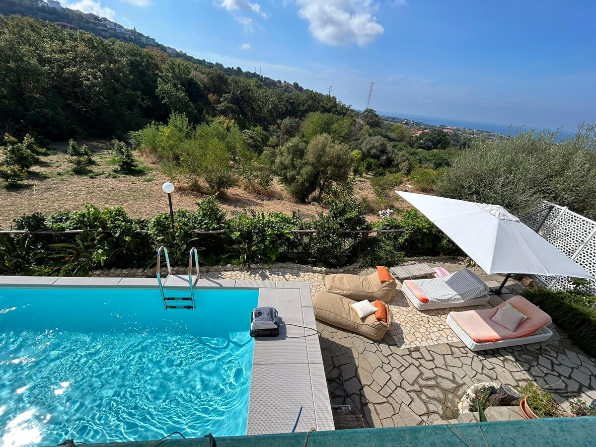 A private pool is surrounded by lounge chairs and sunbeds on a stone patio. Lush greenery and trees provide a natural backdrop, with distant views of hills and the sea visible in the background. A large umbrella offers shade beside the pool.