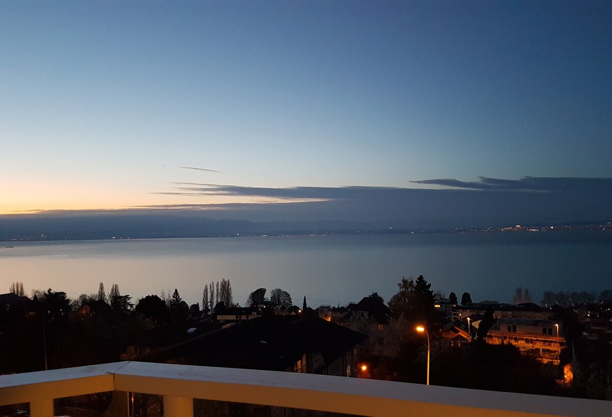 A sunset view over the lake is captured, with soft reflections on the water. City lights begin to twinkle as the sky transitions from warm hues to cooler tones, highlighting the serene landscape of trees and rooftops below.