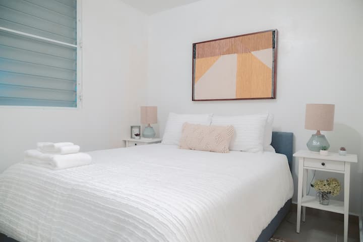 Bedroom with Queen size bed & closet space.