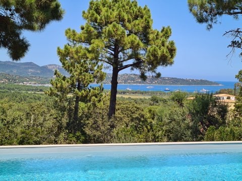 A serene outdoor view showcases a clear blue pool in the foreground, while tall pine trees frame the scene. Beyond, a tranquil coastline with visible boats is set against rolling hills, offering an expansive view of the surrounding landscape.
