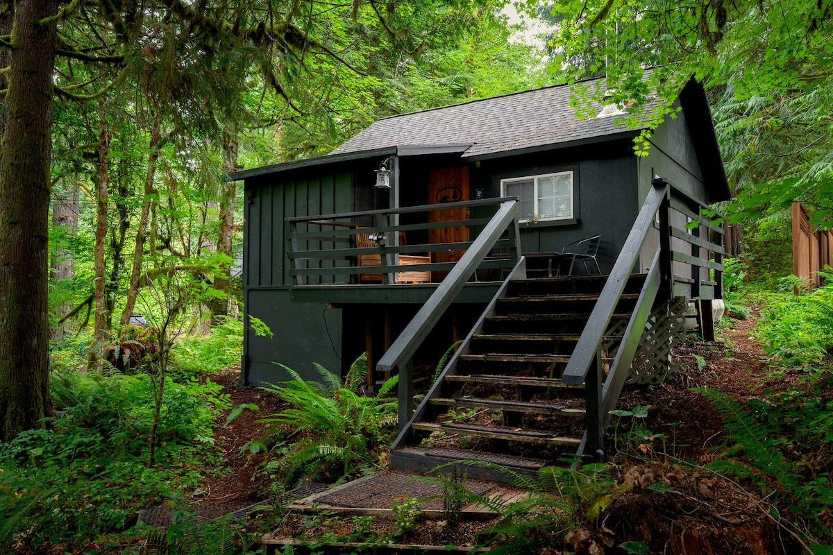 A cozy cabin is nestled among dense greenery, featuring a dark exterior with a sloping roof. Steps lead up to a welcoming entrance, flanked by a small deck that offers seating. Surrounding lush foliage enhances the tranquil setting, creating a serene retreat.