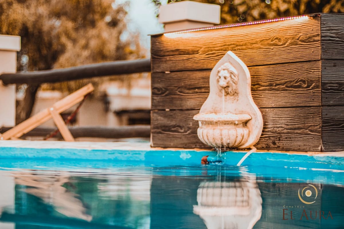 A tranquil pool reflects the surrounding greenery, featuring a decorative fountain with a lion's head on a wooden panel. The gentle water flow adds a soothing element to the outdoor space, inviting relaxation.