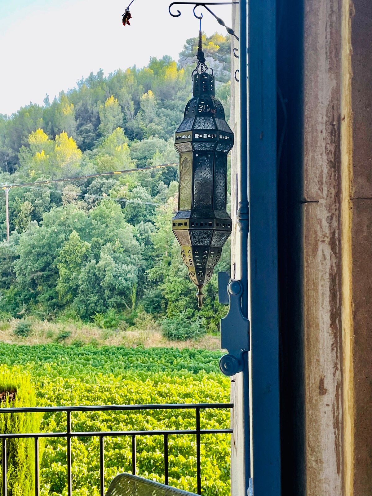 An ornately designed lantern hangs near an open door, offering a view of lush green vineyards and trees. The peaceful countryside backdrop reflects the natural beauty of the region, enhancing the inviting atmosphere of the home.