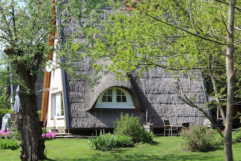 Thatched roof house with a fireplace and waterfront