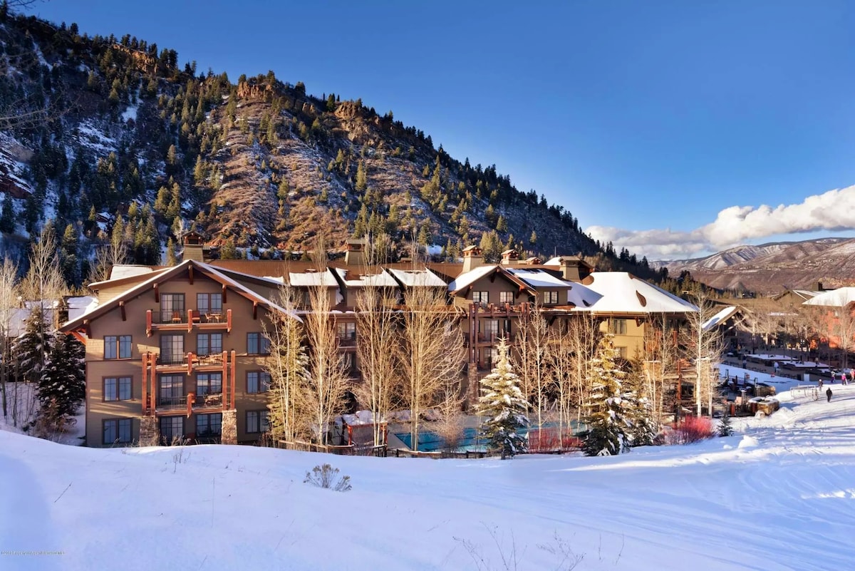 The exterior of the residence is displayed against a backdrop of snow-covered mountains. The building features multiple balconies and large windows, while trees and a snowy landscape enhance the serene winter setting.