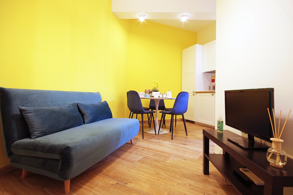 Удобно разтегателен диван с плосък телевизор.