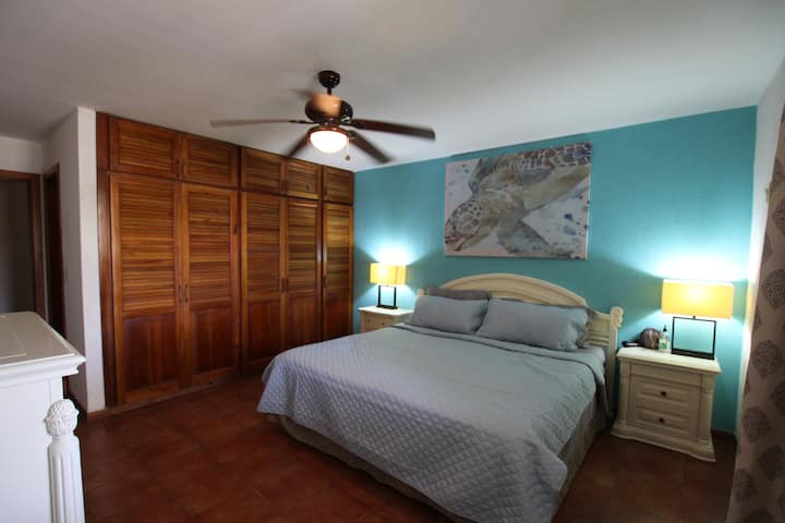 Glavna spavaća soba s velikim bračnim krevetom i ormarićima od zida do zida.