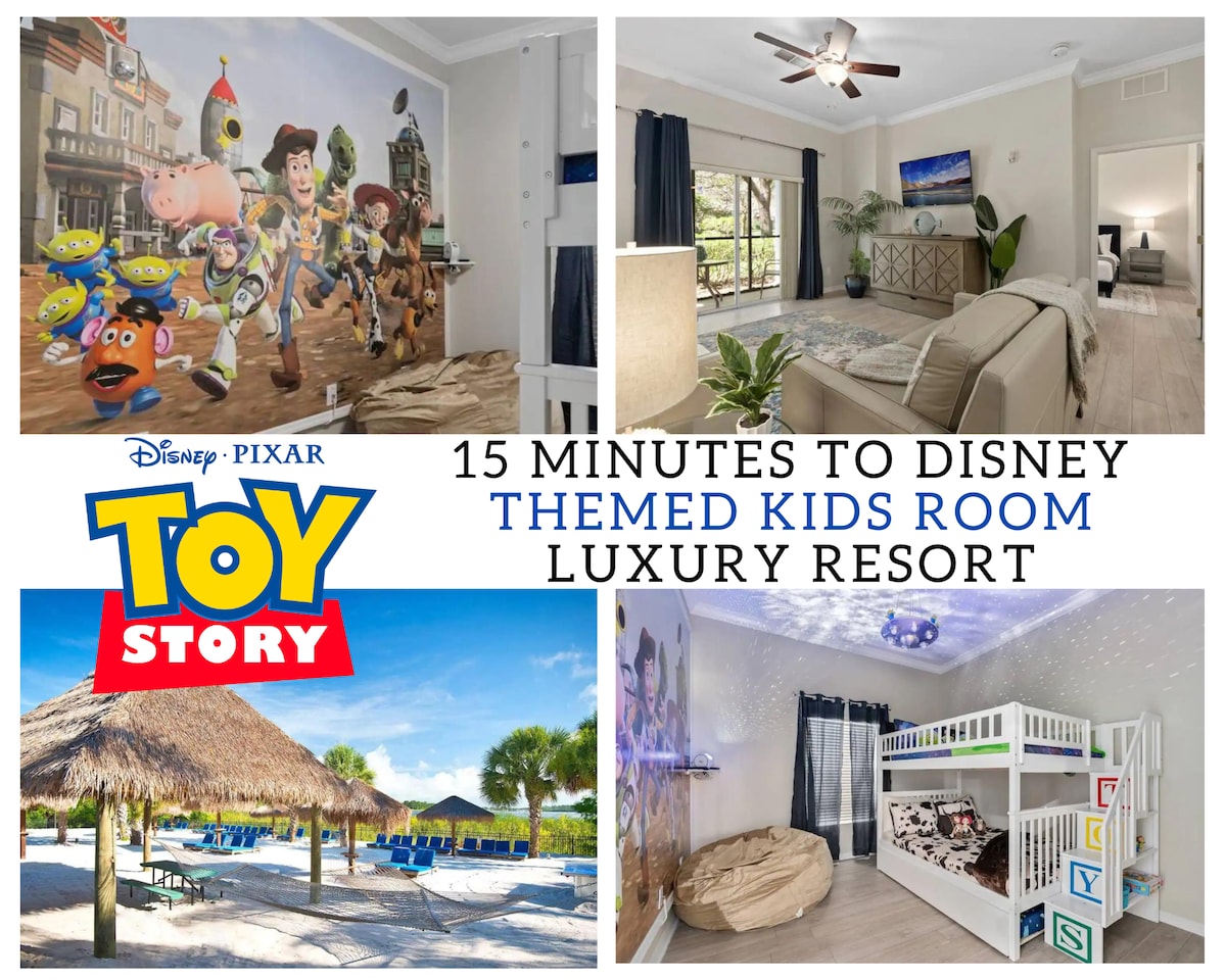 An inviting children's room is themed around Toy Story, featuring full-over-full bunk beds with a pull-out trundle. Bright colors and magical lighting create a playful atmosphere. Adjacent, a spacious living area is illuminated by natural light through large windows, complementing comfortable seating.