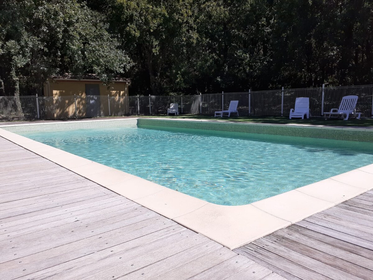 A shared swimming pool is situated within a wooden deck area, featuring clear turquoise water. Sun loungers are positioned around the pool, providing ample space for relaxation. The surrounding area is enhanced by greenery, while a building can be seen in the background.