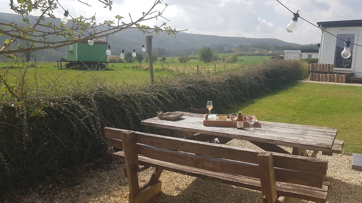 An outdoor dining area features a rustic wooden table with benches, set against a backdrop of rolling green hills. Sunlight filters through a tree, highlighting a tray with drinks. Decorative lights hang overhead, creating a serene and inviting space for relaxation.