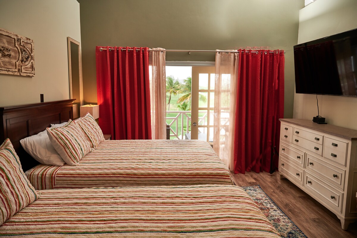 الشقة العلوية عبارة عن غرفة نوم واحدة مجهزة بسريرين فاخرين بحجم كوين.