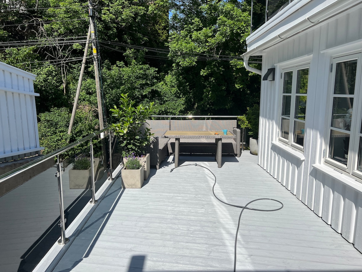 An outdoor terrace is featured, showcasing a seating area with a rectangular table and chairs. Planters with greenery are positioned alongside, and a view of surrounding trees adds to the natural setting. The deck surfaces are finished in a light hue, emphasizing the open space.