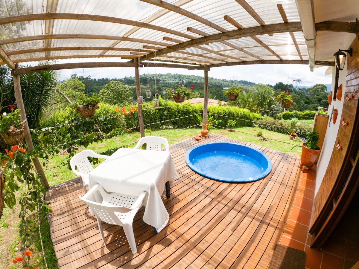 A covered terrace features a small blue jacuzzi alongside a white table and four chairs. Surrounding greenery adds a touch of nature, with hanging flower pots visible. The peaceful view of hills creates a serene outdoor ambiance for relaxation.