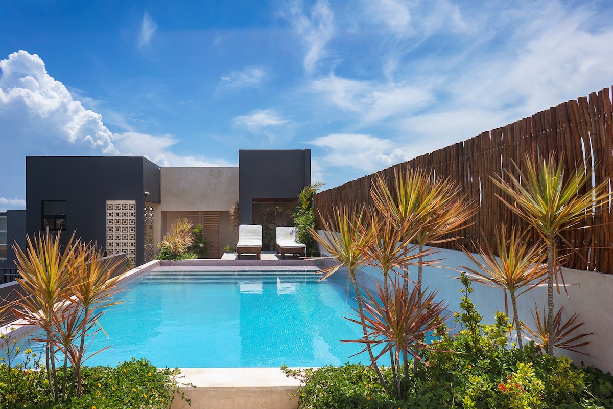 A rooftop area features a large, coral pink swimming pool surrounded by lounge chairs. Potted plants and greenery enhance the space, while a wooden privacy fence provides seclusion. The clear blue sky and soft clouds create a serene backdrop.