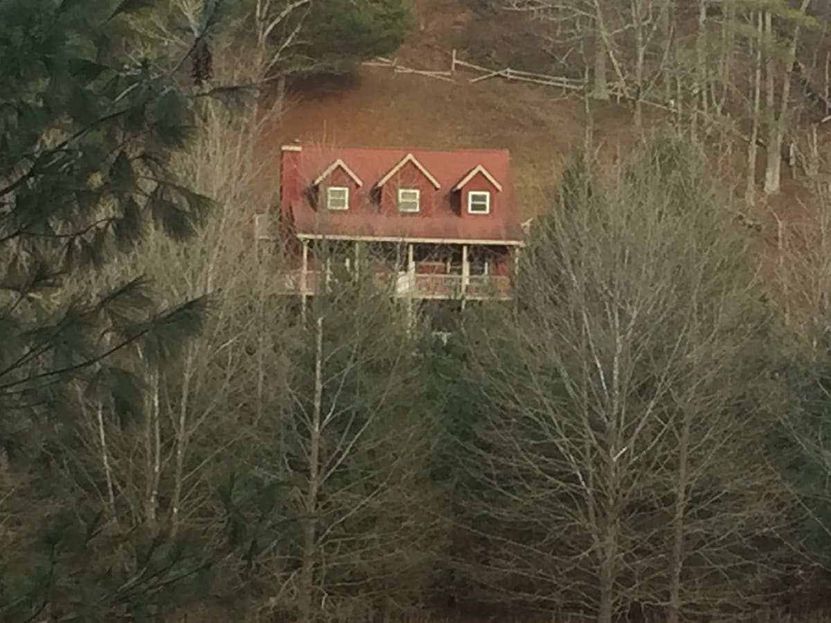 A cabin with a red roof is nestled among trees on a hillside. The structure features a covered porch spanning its front, enhancing its connection to the natural surroundings. Sparse foliage is evident, indicating the season, with mountain terrain visible in the background.
