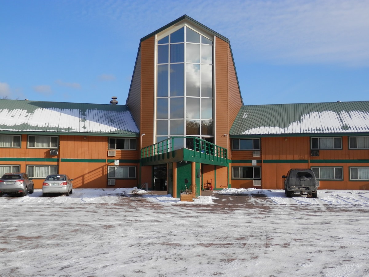 The exterior of a multi-story hotel is visible, featuring a prominent triangular roof and a large central glass entrance. Surrounded by a snowy landscape, parked cars are seen in the foreground, and large windows are positioned on each side of the entryway.