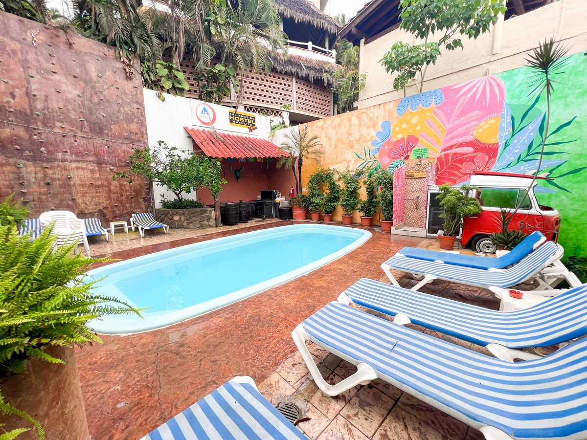 A refreshing pool is surrounded by lounging chairs with blue and white stripes. Colorful murals decorate the walls, featuring tropical plants and vibrant designs. Lush greenery can be seen in planters, creating a relaxed atmosphere. The space is well-lit and inviting for relaxation.