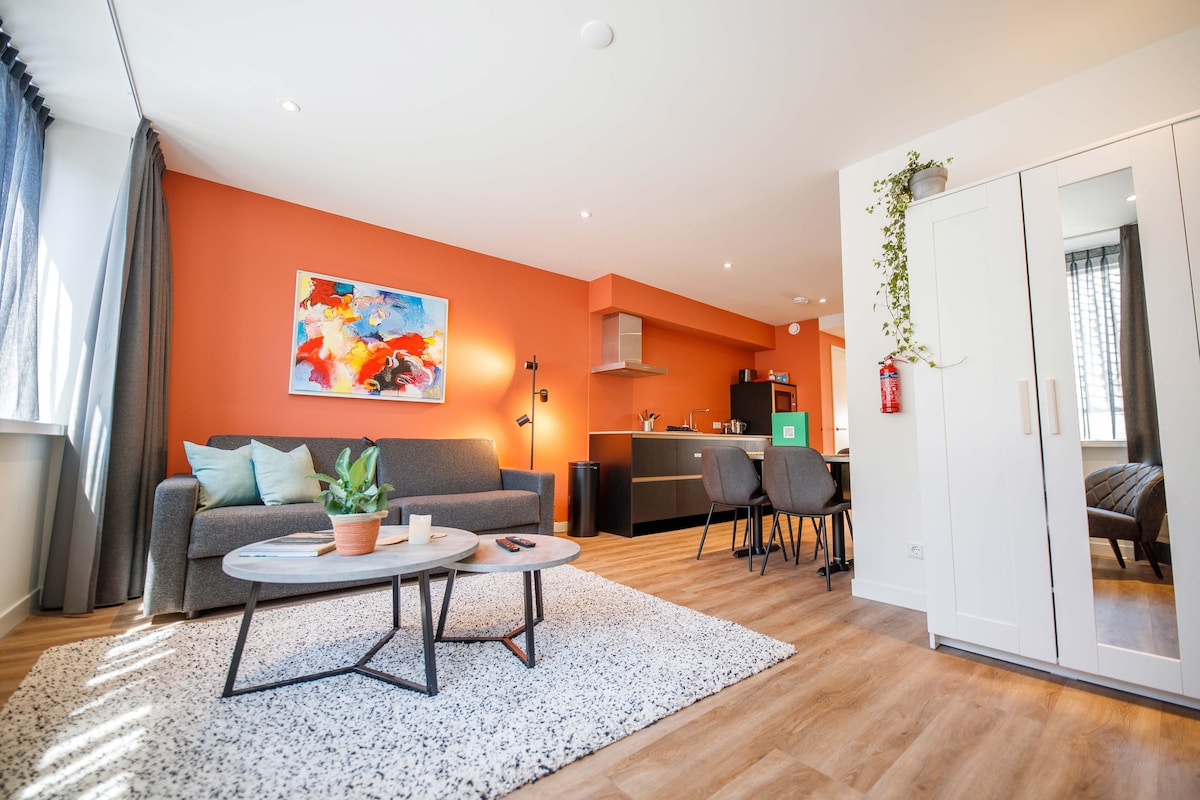 An inviting living area features a modern gray sofa with cushions, complemented by a coffee table atop a textured rug. An accent wall in warm orange enhances the space. A dining table with chairs and an open kitchen are visible in the background, creating a unified atmosphere.