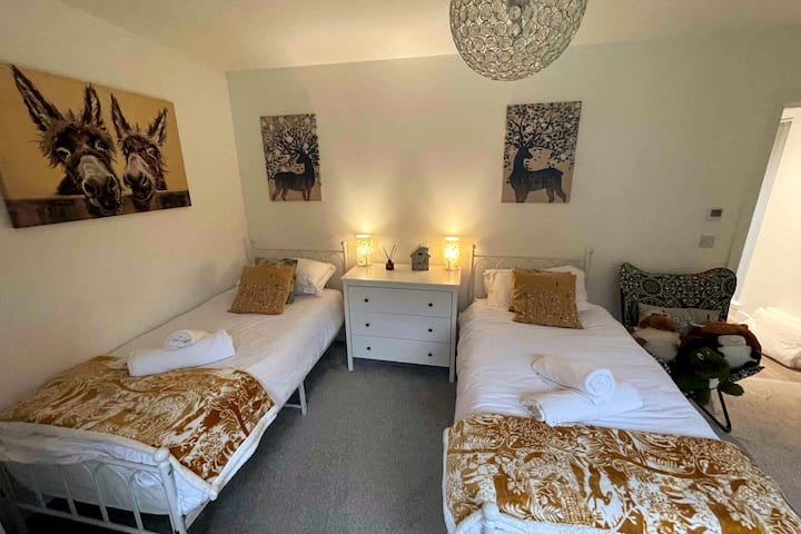 Chambre 4 (lits jumeaux) - lits de 3 pieds très confortables, penderie et tiroirs, donnant sur le jardin arrière